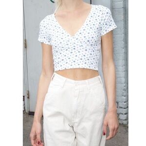 Brandy Melville Amara White & Blue Floral V-Neck Crop Top
